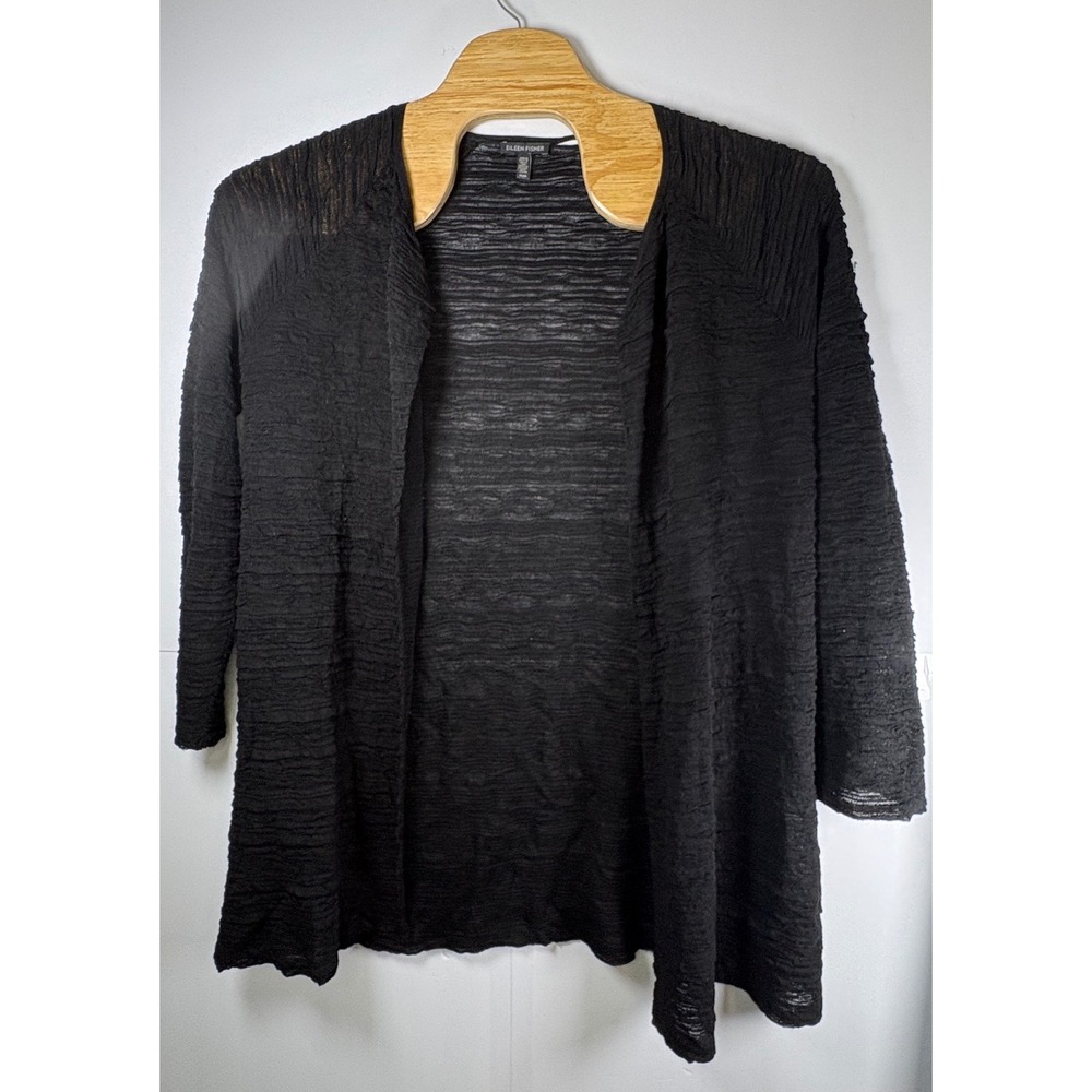 EILEEN FISHER Cardigan Hemp Nylon Sheer Duster Open Front Long Sleeve Black Sz M